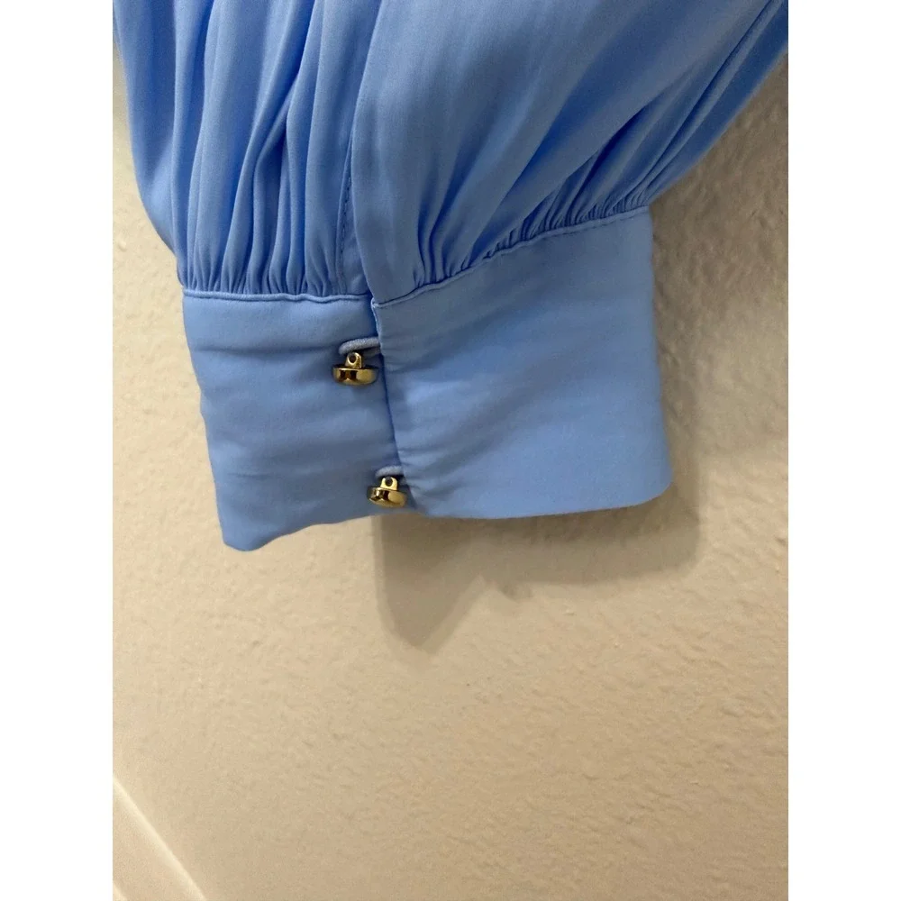 Lilly Pulitzer Maisel Top XS Light Blue Puff Sleeve Blouse Gold Button 001635